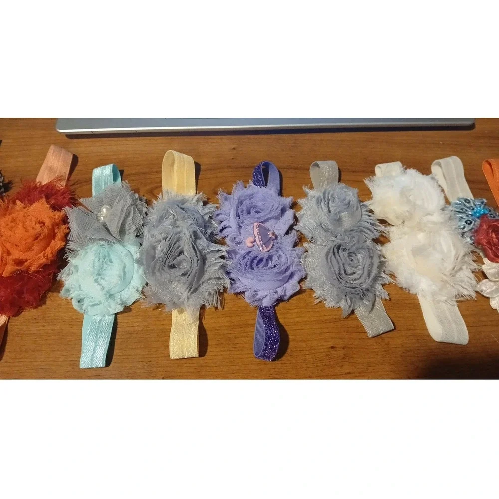 Lot of 10 Handmade Baby Headbands Floral Rosette Elastic Hairbows Multicolor